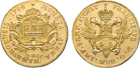 HAMBURG
Hamburgische Prägungen in Gold
Doppeldukat 1754. Titel Franz I. Mzz. I·H·L, das Zeichen des Münzmeisters Joh. Heinrich Löwe (1725-1759). Sta...