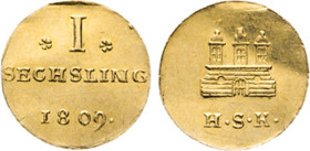 HAMBURG
Hamburgische Prägungen in Gold
Dritteldukat 1809. Goldabschlag von den Sechslings-Stempeln des Münzmeisters Schierven Knoph. Zu Gaed. 1085. ...