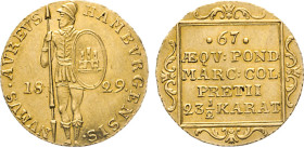 HAMBURG
Hamburgische Prägungen in Gold
Dukat 1829. Behelmter Krieger in antiker Tracht mit Lanze trägt ovalen Burgschild. Rs. Rand­verzierte Schrift...