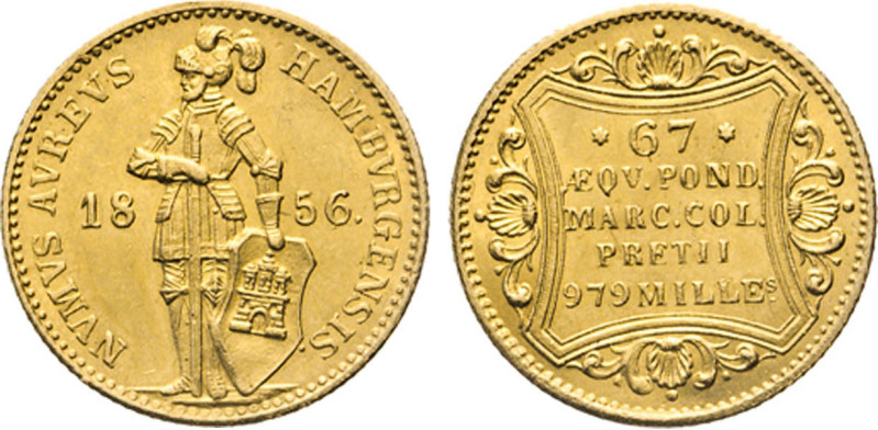 HAMBURG
Hamburgische Prägungen in Gold
Dukat 1856, Altona. Der behelmte Ritter...