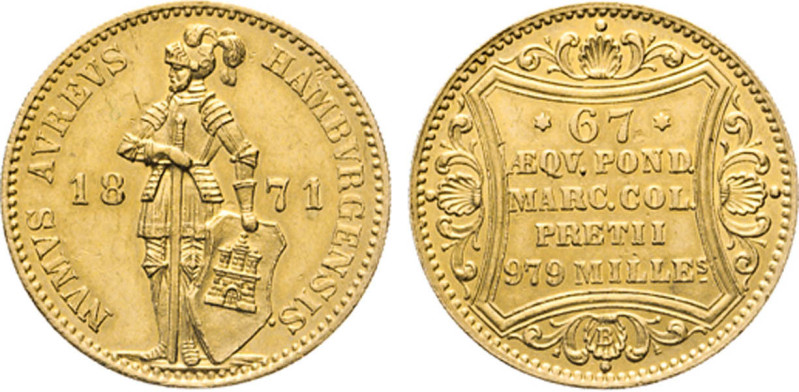 HAMBURG
Hamburgische Prägungen in Gold
Dukat 1871 B, Hannover. Der behelmte Ri...