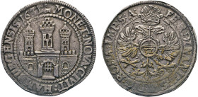 HAMBURG
Hamburgische Münzen in Silber
Reichstaler 1631. Titel Ferdinand II. Mzz. Faust hält Zainhaken. Stadtburg, Umschrift endet HAMBURGENSIS ·1631...