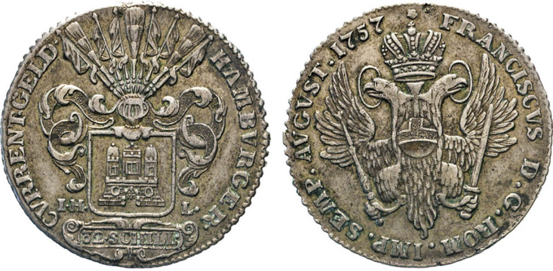 HAMBURG
Hamburgische Münzen in Silber
32 Schilling (2 Mark) 1757. Titel Franz ...
