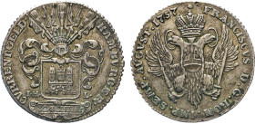 HAMBURG
Hamburgische Münzen in Silber
32 Schilling (2 Mark) 1757. Titel Franz I. Mzz I·H·L. Behelmter Burgschild. Rs. Gekrönter, doppelköpfiger Reic...