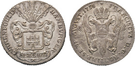 HAMBURG
Hamburgische Münzen in Silber
32 Schilling 1758. Titel Franz I. Mzz I·H·L. Behelmter Burgschild. Rs. Gekrönter, doppelköpfiger Reichsadler m...
