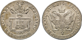 HAMBURG
Hamburgische Münzen in Silber
32 Schilling 1796. Titel Franz II. Mzz. O·H·K·. Stadtburg in behelmtem Rahmen. Rs. Gekrönter, doppelköpfiger R...