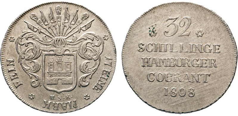 HAMBURG
Hamburgische Münzen in Silber
32 Schilling 1808. Jetzt ohne Kaisertite...