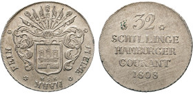 HAMBURG
Hamburgische Münzen in Silber
32 Schilling 1808. Jetzt ohne Kaisertitel. Mzz. H·S·K, das Zeichen des Münzmeisters Hans Schierven Knoph. Behe...