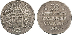 HAMBURG
Hamburgische Münzen in Silber
32 Schilling 1808. Jetzt ohne Kaisertitel. Mzz. H·S·K, das Zeichen des Münzmeisters Hans Schierven Knoph. Behe...