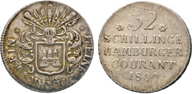 HAMBURG
Hamburgische Münzen in Silber
32 Schilling 1809, Mzz. C·A·I·G., das Zeichen d. französischen Münzbeamten C·A·I. Ginquembre. (erst 1813 geprä...
