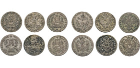 HAMBURG
Hamburgische Münzen in Silber
Vier Schilling (¼ Mark) 1725, 1727 (2., breite u. schlanke Burg), 1728 u. 1738 (2., ebenso var. Burg mit SCHIL...
