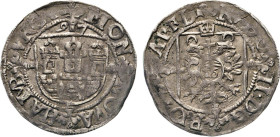 HAMBURG
Hamburgische Münzen in Silber
Doppelschilling 1597. Titel Rudolf II. Mzz. Eichel Burgschild, darüber die gekürzte Jahreszahl mit liegender 9...