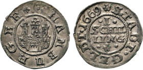 HAMBURG
Hamburgische Münzen in Silber
Schilling 1669 Stadtgeld. Mzz. Kleeblatt des M. Freude jun. Burg . Rs. Wert in 4 Zeilen. Gaed. 971.
vz