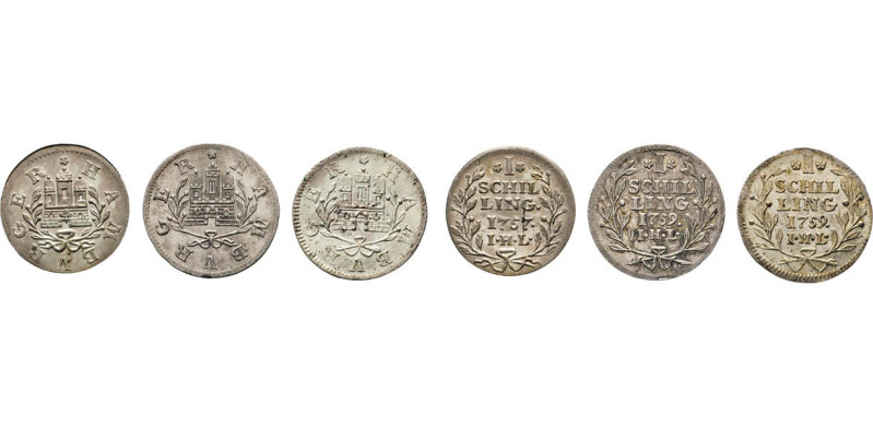 HAMBURG
Hamburgische Münzen in Silber
Schillinge 1757, 1759 (2 var. Ex) I.H.L....