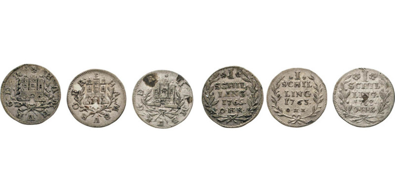 HAMBURG
Hamburgische Münzen in Silber
Schillinge 1763, 1765 u. 1768 O.H.K. des...