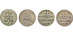 HAMBURG
Hamburgische Münzen in Silber
Schillinge 1837 u. 1840 H.S.K. Burg auf Sockel, unten Mzz. Rs. Wert. (zw. kl. Rosetten) u. Jahr in 4 Zeilen. G...