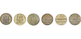 HAMBURG
Hamburgische Münzen in Silber
Schilling 1841 H.S.K, Burg mit 2 Sternen, Rs. Wert u. Jahr. Dsgl. 1846 u. 1851 ohne Mzz., Burg mit 2 Sternen. ...