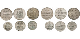 HAMBURG
Hamburgische Münzen in Silber
Schilling 1846 (fvz), 1851, 1855, Sechsling 1851 und Dreiling, 1841 u. 1851. Jaeger 48b (2), 51b, 47b, 46a, b....