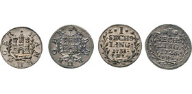 HAMBURG
Hamburgische Münzen in Silber
Sechsling 1726 u. 1731 I.H.L., Burg in Lorbeerzweigen. Rs. Wert, Jahr u. Mzz. in Lorbeerzweigen. Gaed. 1066, 1...