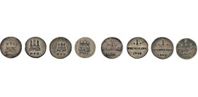HAMBURG
Hamburgische Münzen in Silber
Sechsling 1809, 1817, 1823, 1832, Mzz. H.S.K. Burg unten Mzz. Rs. Wert in 3 Zeilen, die Wertziffer zw. Punkten...
