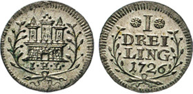 HAMBURG
Hamburgische Münzen in Silber
Dreiling 1726 I.H.L. Burg in Lorbeerzweigen. Rs. Wert u. Jahr in Lorbeerzweigen. Gaed. 1191. Jg. 1a. 
vz