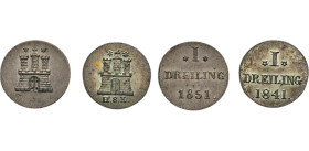 HAMBURG
Hamburgische Münzen in Silber
Dreiling 1841 HSK, 1851 o. Mzz. Burg mit je einem Stern auf den Außentürmen Rs. Wert u. Jahr. Gaed. 1219 f u. ...