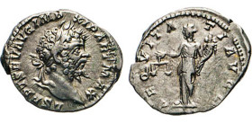 ANTIKE WELT
RÖMISCHES REICH
Septimius Severus, 193–211. Denar, AEQVITATIAVGG. Aequitas mit Waage und Füllhorn n.l. stehend. Kampm. 49.37. 3,36 g. 
...