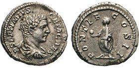 ANTIKE WELT
RÖMISCHES REICH
Geta als Caesar, 198–209. Denar, PONTIF COS II. Genius n.l. opfernd. Kampm. 53.22.1. 4,16 g. 
vz