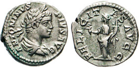 ANTIKE WELT
RÖMISCHES REICH
Caracalla, 198–217. Denar, FELICIT(AS)AVGG. Kampm. 51.49. 3,42 g. 
fvz