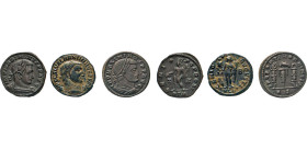 ANTIKE WELT
RÖMISCHES REICH
Maximinus, 305–313. AE Folles. Diadem. Büste na. re. Rs. Genius nach links opfernd (2 Stück: Alexandria und Trier), Legi...