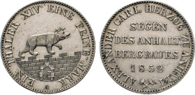 DEUTSCHE MÜNZEN VOR 1871
ANHALT
Ausbeutetaler 1852 A. Thun 3. Dav. 504. AKS 16. J. 66. 
vz