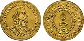 DEUTSCHE MÜNZEN VOR 1871
AUGSBURG
STADT. Dukat 1645. Titel Ferdinand III. Stadtpyr in verzierter ovaler Fassung. Rs Belorbeertes Brustbild des Kaise...