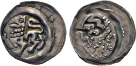 DEUTSCHE MÜNZEN VOR 1871
BAMBERG
BISTUM. Heinrich I. von Bilversheim, 1242–1257. Pfennig. Löwe mit Adlerkopf. Krug 83. 0,57 g. Dezentriert. 
ss