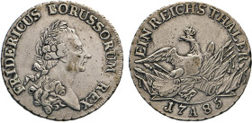 DEUTSCHE MÜNZEN VOR 1871
BRANDENBURG–PREUSSEN, Kurfürstentum, ab 1701 Königreich
Reichstaler 1785 A, Berlin, Belorb. Altersbüste r. Rs. Gekrönter Ad...