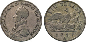 DEUTSCHE MÜNZEN VOR 1871
BRANDENBURG–PREUSSEN, Kurfürstentum, ab 1701 Königreich
Taler 1817 A. Uniformiertes Brustbild n. links. Rs. Gekrönter Adler...