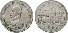 DEUTSCHE MÜNZEN VOR 1871
BRANDENBURG–PREUSSEN, Kurfürstentum, ab 1701 Königreich
Taler 1818 A. Thun 246. Dav. 759. AKS 13. J. 37. 
fss