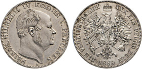 DEUTSCHE MÜNZEN VOR 1871
BRANDENBURG–PREUSSEN, Kurfürstentum, ab 1701 Königreich
Vereinstaler 1859 A. Thun 262. Dav. 775. AKS 78. J. 84. Berieben. ...