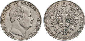 DEUTSCHE MÜNZEN VOR 1871
BRANDENBURG–PREUSSEN, Kurfürstentum, ab 1701 Königreich
Vereinstaler 1860 A. Thun 262. Dav. 775. AKS 78. J. 84. 
ss