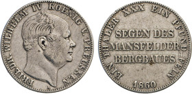 DEUTSCHE MÜNZEN VOR 1871
BRANDENBURG–PREUSSEN, Kurfürstentum, ab 1701 Königreich
Ausbeutetaler 1860 A. Thun 263. Dav. 776. AKS 79. J. 85. 
ss