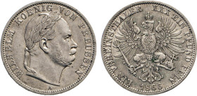 DEUTSCHE MÜNZEN VOR 1871
BRANDENBURG–PREUSSEN, Kurfürstentum, ab 1701 Königreich
Vereinstaler 1866 A. Belorbeerte Büste. Thun 271. Dav. 784. AKS 117...