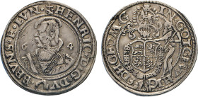 DEUTSCHE MÜNZEN VOR 1871
BRAUNSCHWEIG-LÜNEBURG
LINIE WOLFENBÜTTEL
½ Taler 1564, Mzz. Wolfsangel, Goslar. Brustbild mit Barett n. links zwischen 6-4...