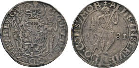 DEUTSCHE MÜNZEN VOR 1871
BRAUNSCHWEIG-LÜNEBURG
LINIE WOLFENBÜTTEL
Julius, 1568–1589. „Lichttaler“ 1581 Typ II. Mzz. Doppelkreuz, Goslar. Mit Brauns...