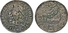 DEUTSCHE MÜNZEN VOR 1871
BRAUNSCHWEIG-LÜNEBURG
LINIE WOLFENBÜTTEL
„Rebellentaler“ 1595, Goslar. Wilder Mann mit Fackel u. Speer, hinter den Beinen ...
