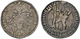 DEUTSCHE MÜNZEN VOR 1871
BRAUNSCHWEIG-LÜNEBURG
LINIE WOLFENBÜTTEL
Taler 1598. Mzz. Doppelkeuz, Goslar. Wilder Mann mit Baumstamm links. Rs. 3-fach ...