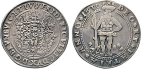 DEUTSCHE MÜNZEN VOR 1871
BRAUNSCHWEIG-LÜNEBURG
LINIE WOLFENBÜTTEL
Taler 1630 H, Gekreuzte Schlüssel, S, Zellerfeld. 5-fach behelmtes 11-feldiges Wa...