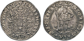 DEUTSCHE MÜNZEN VOR 1871
BRAUNSCHWEIG-LÜNEBURG
LINIE WOLFENBÜTTEL
Taler 1632 H, Gekreuzte Schlüssel, S, Zellerfeld. 5-fach behelmtes 11-feldiges Wa...