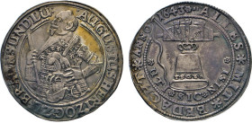 DEUTSCHE MÜNZEN VOR 1871
BRAUNSCHWEIG-LÜNEBURG
LINIE WOLFENBÜTTEL
Zweiter Glockentaler 1643, HS, Goslar. Geharnischtes Hüftbild n. links, Rs. Glock...