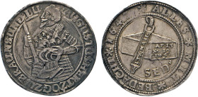 DEUTSCHE MÜNZEN VOR 1871
BRAUNSCHWEIG-LÜNEBURG
LINIE WOLFENBÜTTEL
Vierter Glockentaler 1643 o.Mzz, Goslar. Geharn. Hüftbild des Herzogs n. links. R...