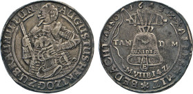 DEUTSCHE MÜNZEN VOR 1871
BRAUNSCHWEIG-LÜNEBURG
LINIE WOLFENBÜTTEL
Fünfter Glockentaler 1643, H, gekreuzte Schlüssel, S, Goslar. Geharn. Hüftbild n....