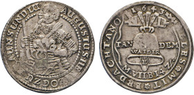 DEUTSCHE MÜNZEN VOR 1871
BRAUNSCHWEIG-LÜNEBURG
LINIE WOLFENBÜTTEL
½ fünfter Glockentaler 1643 H. gekreuzte Schlüssel, S, Goslar. Geharn. Hüftbild n...